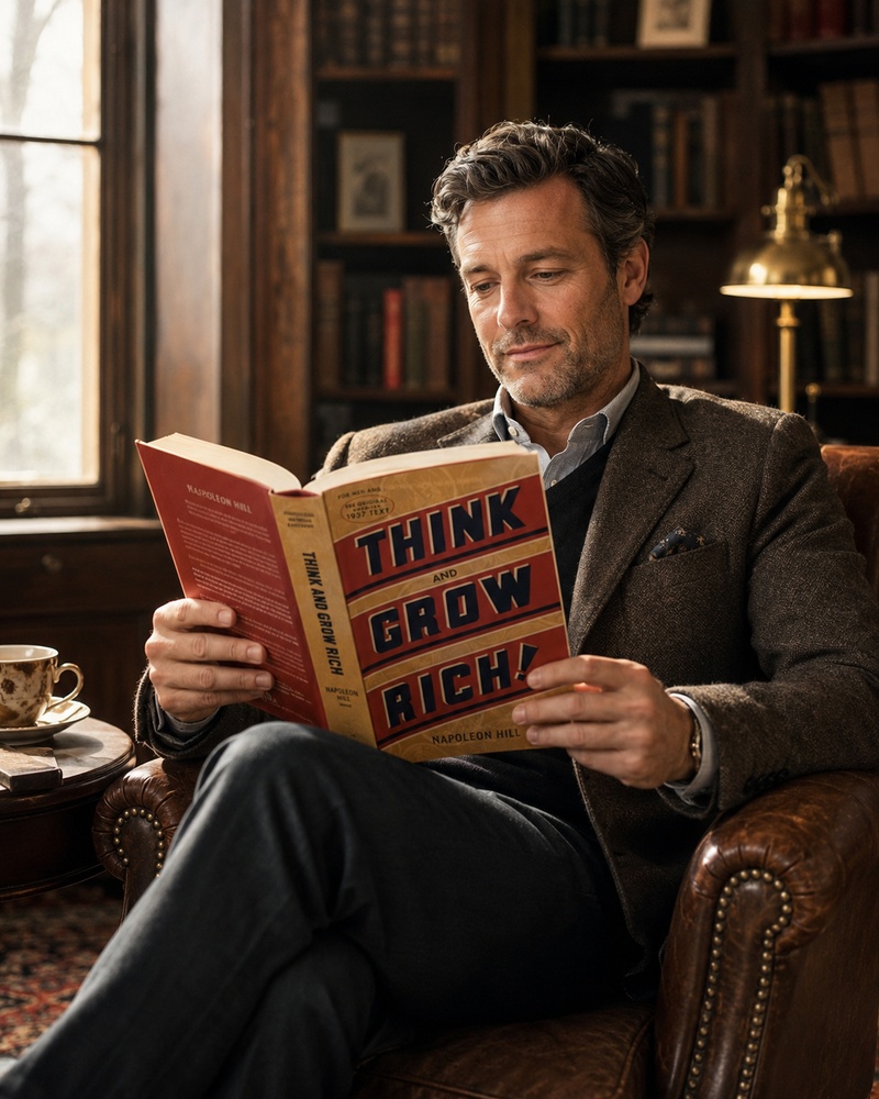 A modern reader studying Napoleon Hill's Think and Grow Rich in a classic library